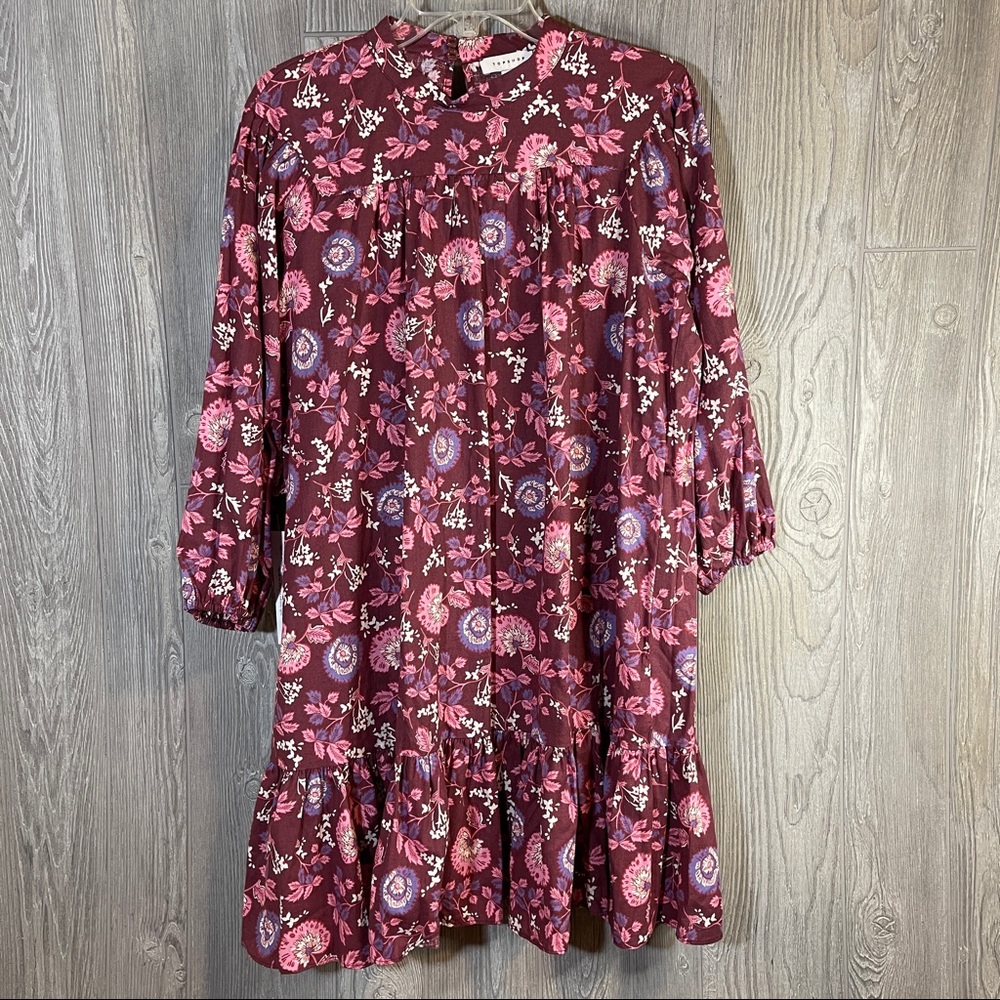 TOPSHOP Floral Ruffle Maroon/Pink Dress  Size 8